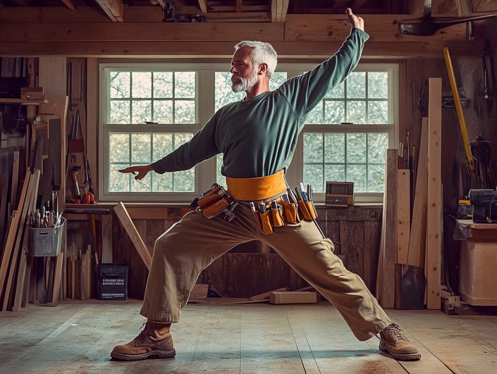 A carpenter doing yoga